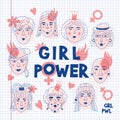 Feminism poster Girl power card, Feminists. Women`s faces icons on a sheet of exercise book, Informal girls, Punk rock