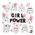 Feminism poster Girl power card. Women`s faces, Informal girls, Punk rock women Feminists. Creative hand-drawn