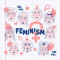Feminism poster, Women`s faces icons on a sheet of exercise book, Feminists Informal girls, Punk rock women. Creative