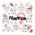 Feminism poster, Women`s faces, Informal girls, Punk rock women Feminists. Cute Funny hand-drawn characters. Vector