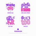 Feminism stickers: woman can, girl power, me too, girls are strong. Modern vector illustration