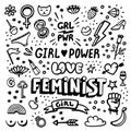 Feminism symbols icon set. Feminist movement, protest, girl power. Black and white Vector illustration.