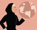 Feminist Arab middle east woman holding the world globe. Activist female with scarf holds the world. Women empowerment