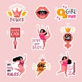 Feminist badges. Body positive power female characters girls trendy vector sticker