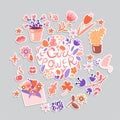 Feminist and cute girl power illustration set. Girls portraits, flowers, stickers, sweets with floral decoration. Cute