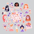 Feminist and cute girl power illustration set. Girls portraits, flowers, stickers, sweets with floral decoration. Cute