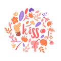Feminist and cute girl power illustration set with lettering Kiss. Flowers, stickers, sweets with floral decoration