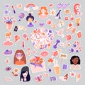 Feminist and cute girl power sticker illustration set. Girls portraits, flowers, stickers, sweets with floral decoration