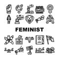 feminist female women icons set vector