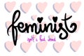 Feminist. Handdrawn lettering for girls. Vector phrase. Illustration in violet and pink colors. Handwritten word with hearts.