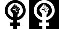 feminist icon with clenched fist isolated on transparent background and stamped on black background