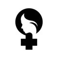 Feminist icon. Symbol of feminist movement. Female symbol with female face. Protest and revolution feminists fight. Feminism