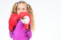 Feminist movement. Self defence concept. Girl boxer knows how defend herself. Girl child strong with boxing gloves