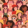 Feminist movement, women parade pattern. Happy femmes faces, multicultural girls together. People community. Decor