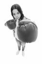 Feminist upbringing and female rights. Fight for her rights. Female rights and liberties. Girl boxing gloves ready to