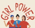 Feminists and text Girl power isolated together as protest, flat vector stock illustration with Modern women fighting for rights Royalty Free Stock Photo