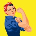 Feminist symbol with this famous woman in red scarf with white dots, rolling up her sleeve to participate in the war effort. Royalty Free Stock Photo