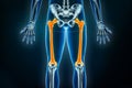 Femur or thigh bone x-ray front or anterior view. Osteology of the human skeleton, leg or lower limb bones 3D rendering Royalty Free Stock Photo