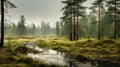 Enchanting Fen Landscape With Deciduous Trees In Rainy Weather