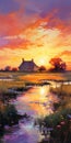 Charming Sunset Painting With Vibrant Colors And Detailed Backgrounds