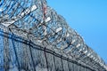 Fence with barbed wire against blue sky with clouds Royalty Free Stock Photo