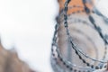 Fence with barbed wire. focus with shallow depth of field. Royalty Free Stock Photo
