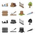 Fence, chisel, stump, hacksaw for wood. Lumber and timber set collection icons in black,cartoon style vector symbol
