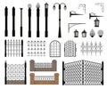 Fence elements set, pillars, lanterns, metal gates and ornamental parts. Royalty Free Stock Photo