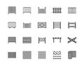 Fence flat glyph icons set. Wood fencing, metal profiled sheet, wire mesh, crowd control barricades vector illustrations Royalty Free Stock Photo