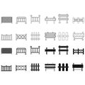 Fence flat line icon set. Wood fencing, metal profiled sheet, wire mesh, crowd control barricades vector illustrations.