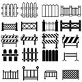 Fence flat line icons set. Wood fencing, metal profiled sheet, wire mesh, crowd control barricades vector illustrations. Outline Royalty Free Stock Photo