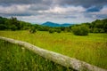Fence and meadow at Old Rag Overlook, on Skyline Drive, in Shenandoah National Park, Virginia. Royalty Free Stock Photo