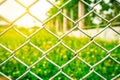 The fence mesh netting on blurred yellow flower field Royalty Free Stock Photo