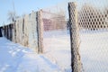 A fence of mesh netting covered with frost in a Sunny day