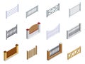 Fence metal, brick, wooden isometric icons set. Palisade, paling, hedge, railing, enclosure, windbreak. Royalty Free Stock Photo