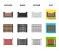 A fence of metal and bricks,wooden palisade. A different fence set collection icons in cartoon,black,outline,flat style