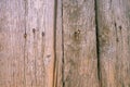 Fence from old weathered pine boards. Texture of natural aged wood. Woodworm holes, rusty nails. Creative vintage background Royalty Free Stock Photo