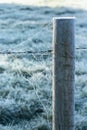 A fence post with a spider web or cobweb that has been frozen on a crisp winter morning Royalty Free Stock Photo