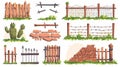 Fence set for garden, farm paddock, house terrace, backyard, ranch, forecourt, barbwire fence, stone balustrade, brick Royalty Free Stock Photo