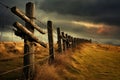 Fence with wooden post and barbed wire fence on grassy field. Generative AI Royalty Free Stock Photo