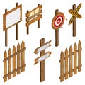 Fence, wooden signboards, arrow sign, target dart.