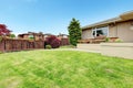 Fenced backyard with deck view