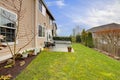 Fenced backyard with patio area