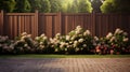 Fenced backyard. View of lawn and blooming flower beds