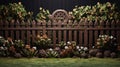 Fenced backyard. View of lawn and blooming flower beds