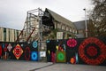 Fenced off remains of partially collapsed historic Christchurch Cathedral supported by steel frame seismic bracing in New Zealand