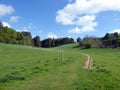 Fenced path across fields to woods