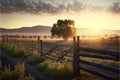 Fenced ranch at sunrise, creative digital illustration painting