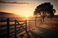 Fenced ranch at sunrise, creative digital illustration painting