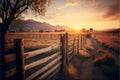 Fenced ranch at sunrise, creative digital illustration painting